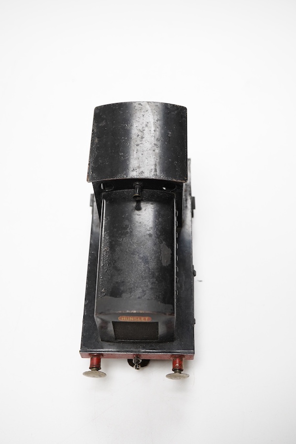 An 0 gauge railway tinplate Bonds 0-6-0 diesel Hunslet shunter, 4, for 3-rail running, with alterations to the motor and a new centre shoe adaptation